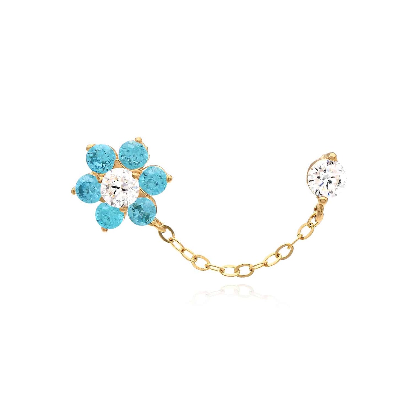 14K Real Gold CZ Double Pierced Flower Stud Earrings