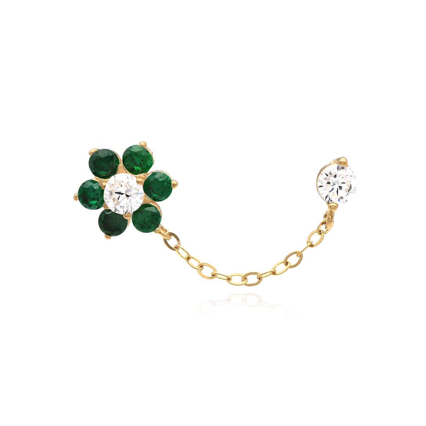 14K Real Gold CZ Double Pierced Flower Stud Earrings