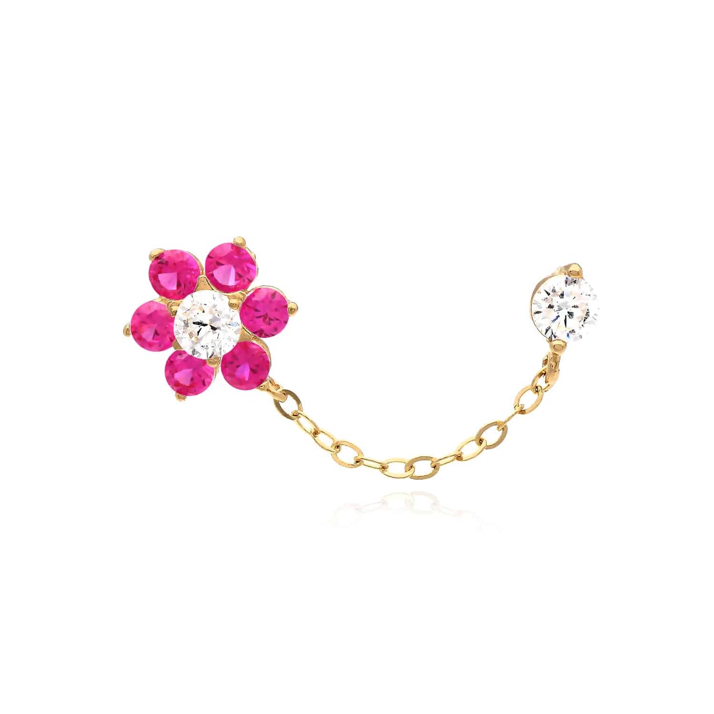 14K Real Gold CZ Double Pierced Flower Stud Earrings