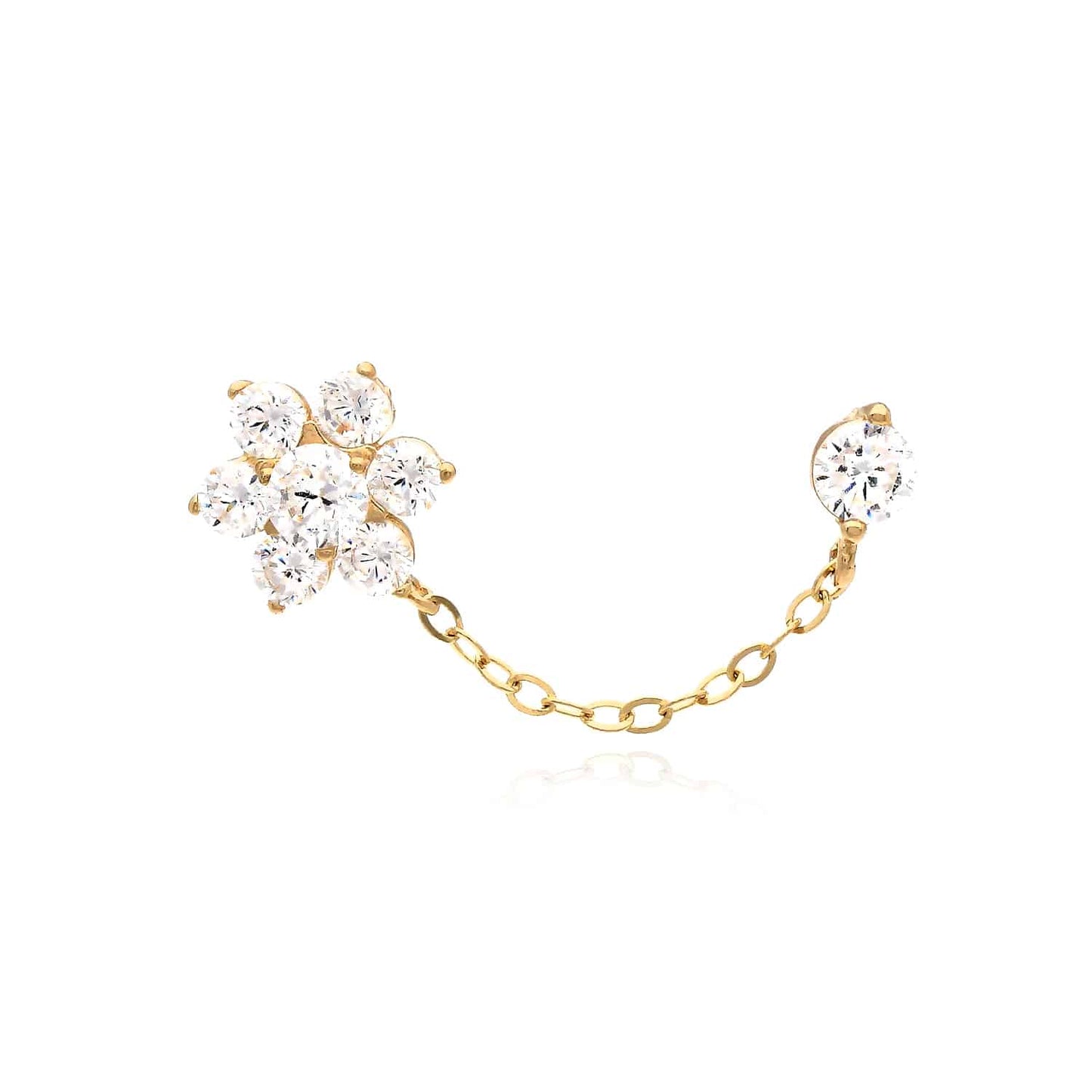 14K Real Gold CZ Double Pierced Flower Stud Earrings