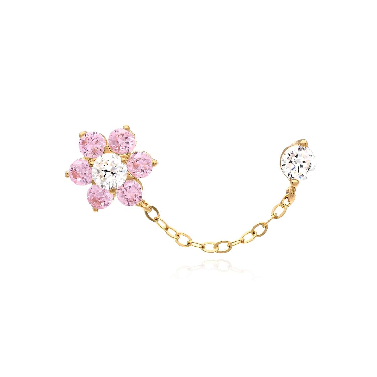 14K Real Gold CZ Double Pierced Flower Stud Earrings