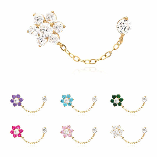 14K Real Gold CZ Double Pierced Flower Stud Earrings