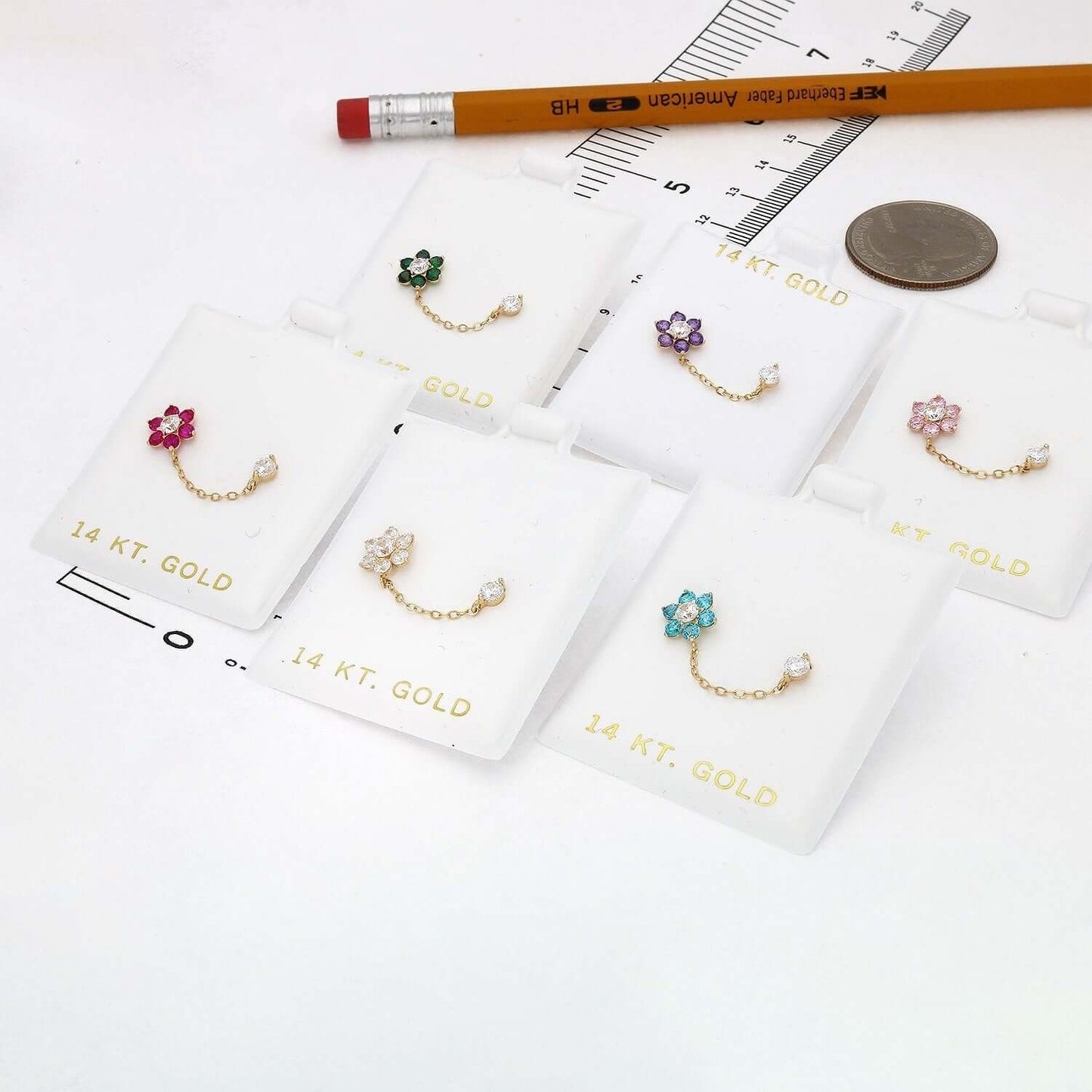 14K Real Gold CZ Double Pierced Flower Stud Earrings