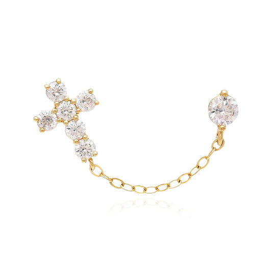 14K Yellow CZ Gold Cross Stud Double Pierced Earrings