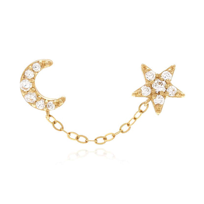 14K Gold CZ Half Moon & Star Double Pierced Stud Earrings