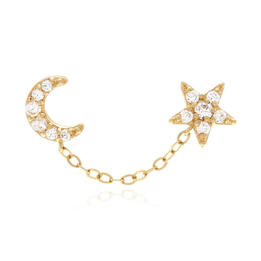 14K Gold CZ Half Moon & Star Double Pierced Stud Earrings