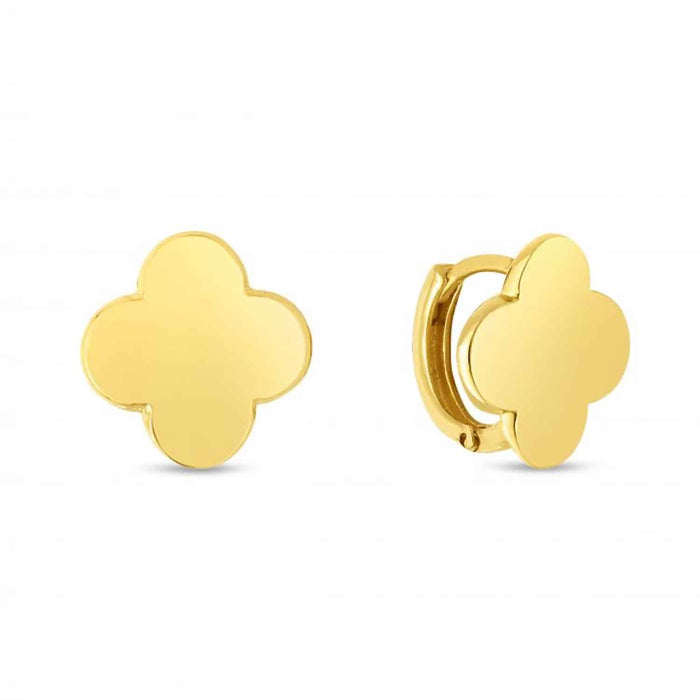 14K Gold Clover Leaf Huggie Snap Clasp Earrings 11mm - WJD Exclusives