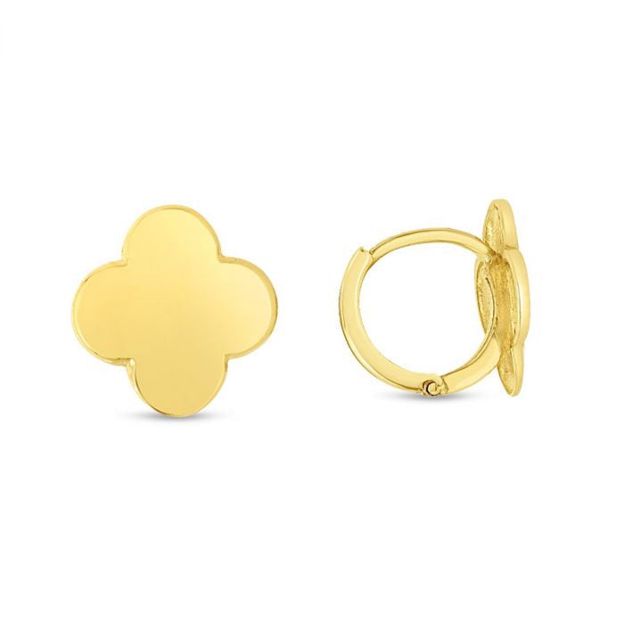 14K Gold Clover Leaf Huggie Snap Clasp Earrings 11mm - WJD Exclusives