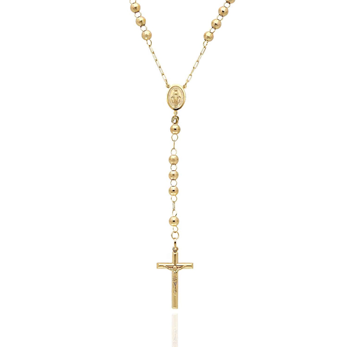 14K Gold 6mm Diamond-Cut Hollow Ball & Rosary Cross Chain Necklace 26"