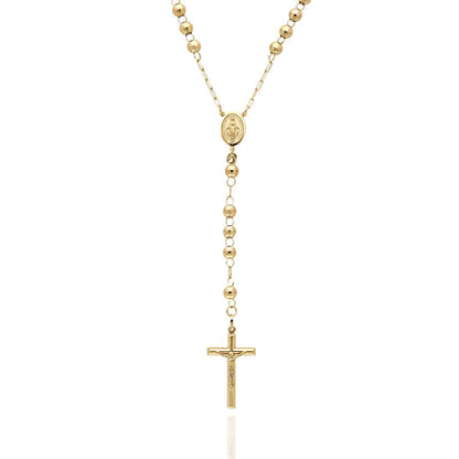 14K Gold 6mm Diamond-Cut Hollow Ball & Rosary Cross Chain Necklace 26"