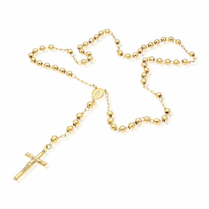 14K Gold 6mm Diamond-Cut Hollow Ball & Rosary Cross Chain Necklace 26"
