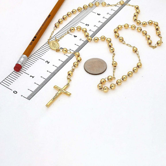 14K Gold 6mm Diamond - Cut Ball Rosary Cross Necklace (Hollow) 26" - WJD Exclusives