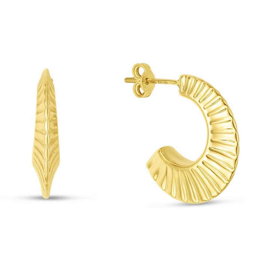 14K Gold Graduated Scalloped Pointed Half Hoops Push Back Earrings 19.5mm