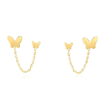 14K Gold Double Pierced Chain Butterfly Earrings