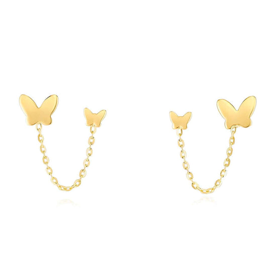14K Gold Double Pierced Chain Butterfly Earrings