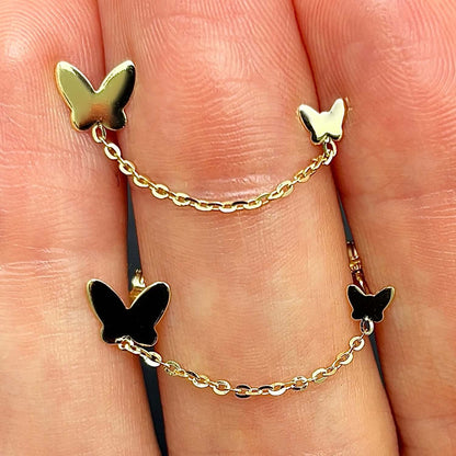 14K Gold Double Pierced Chain Butterfly Earrings