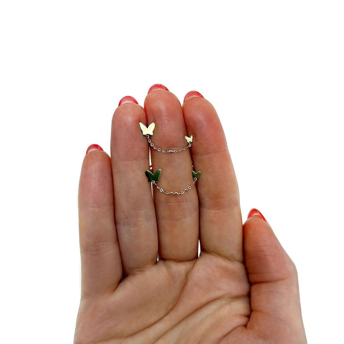 14K Gold Double Pierced Chain Butterfly Earrings - WJD Exclusives