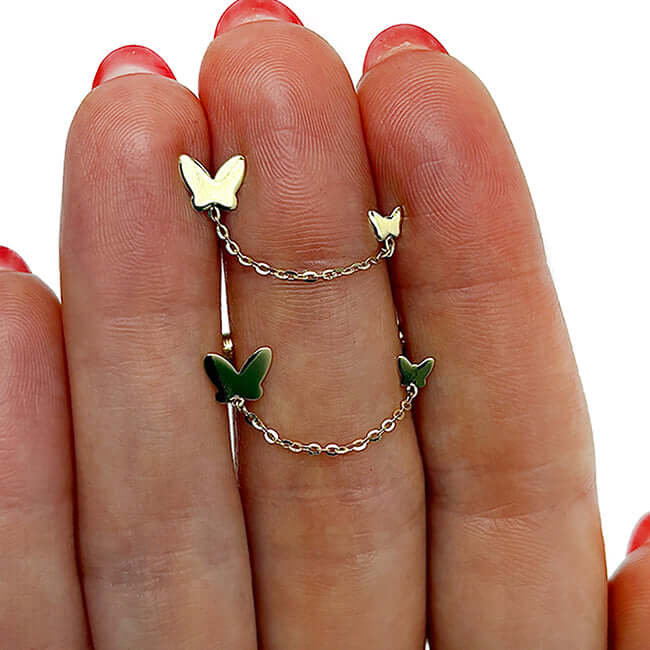 14K Gold Double Pierced Chain Butterfly Earrings