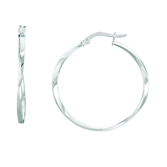 14K White Gold Twisted Hoop Earrings 30mm