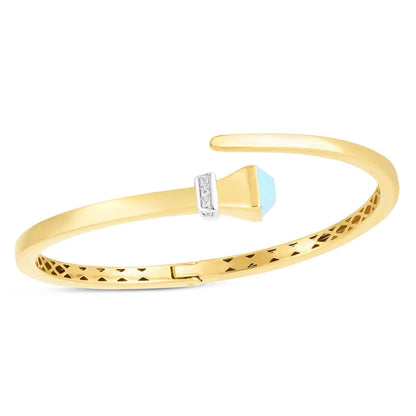 Natural Diamond 14K Yellow Gold Onyx Turquoise Wrap Hinged Bangle Bracelet 7.5"