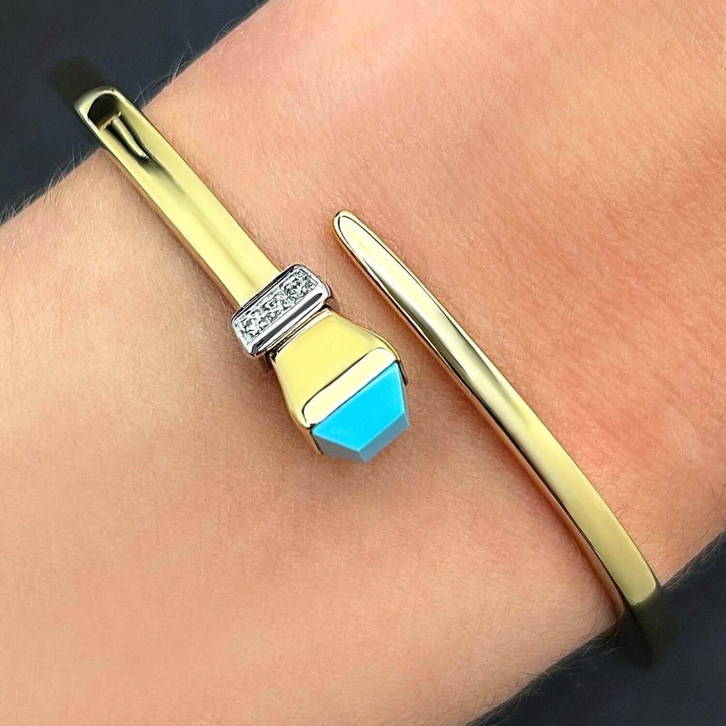 Natural Diamond 14K Yellow Gold Onyx Turquoise Wrap Hinged Bangle Bracelet 7.5"