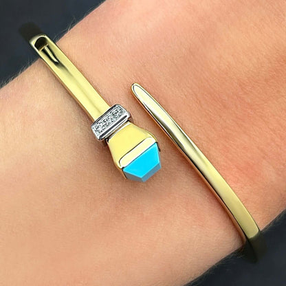 Natural Diamond 14K Yellow Gold Onyx Turquoise Wrap Hinged Bangle Bracelet 7.5"