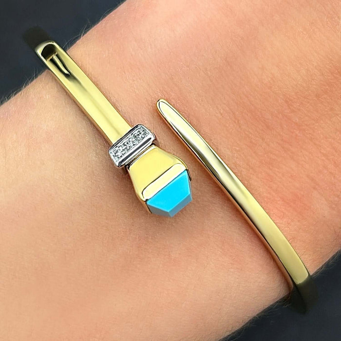Natural Diamond 14K Yellow Gold Onyx & Turquoise Wrap Hinged Bangle Bracelet (Hollow) 7.5" - WJD Exclusives