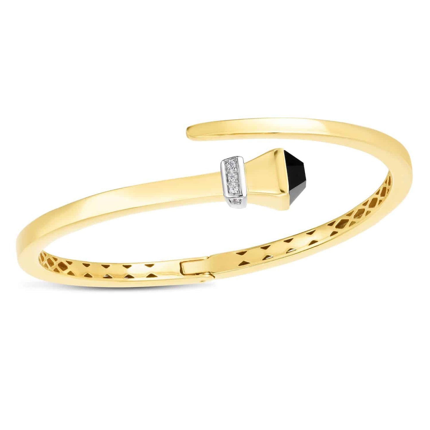 Natural Diamond 14K Yellow Gold Onyx Turquoise Wrap Hinged Bangle Bracelet 7.5"
