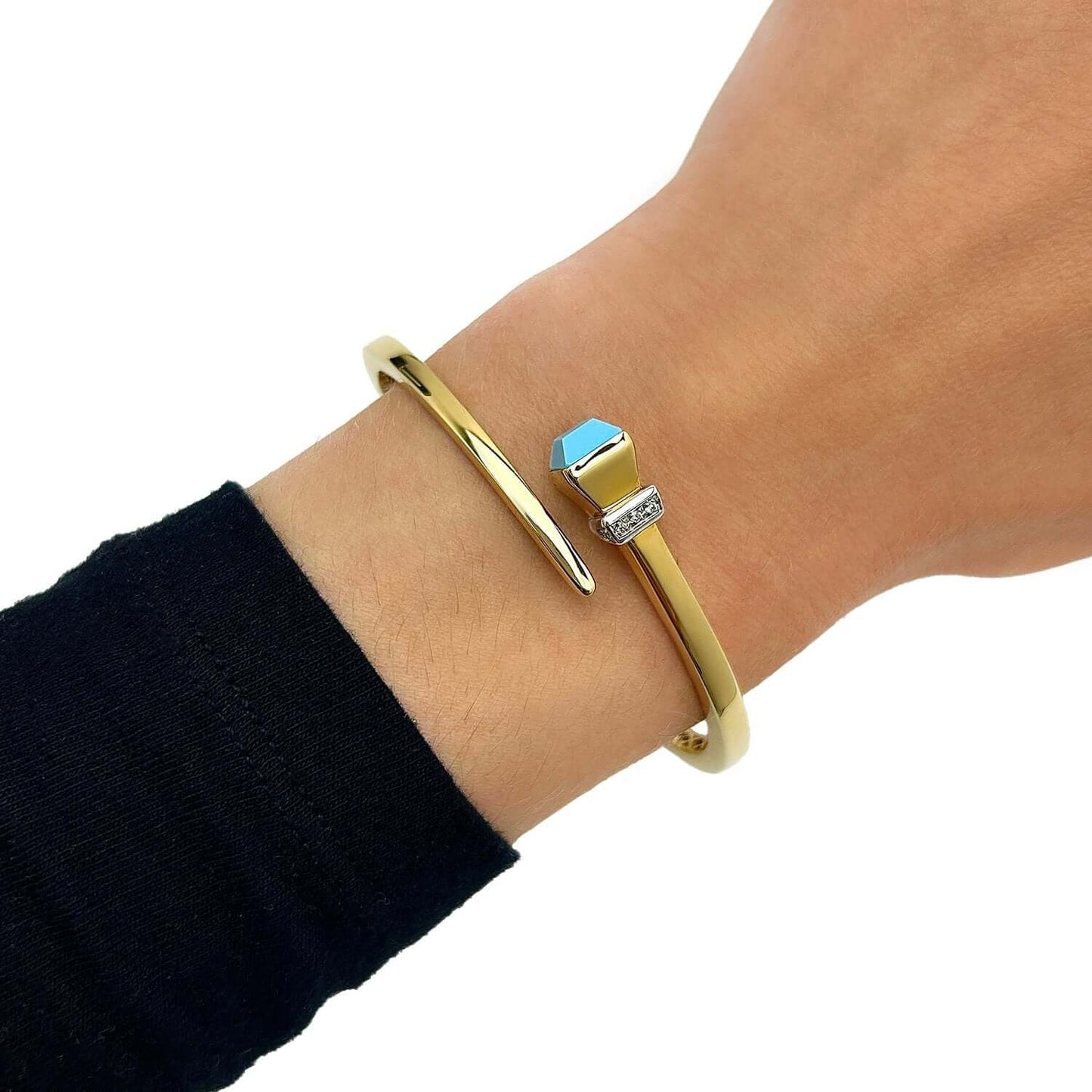 Natural Diamond 14K Yellow Gold Onyx Turquoise Wrap Hinged Bangle Bracelet 7.5"