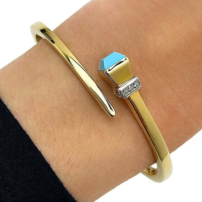 Natural Diamond 14K Yellow Gold Onyx & Turquoise Wrap Hinged Bangle Bracelet (Hollow) 7.5" - WJD Exclusives