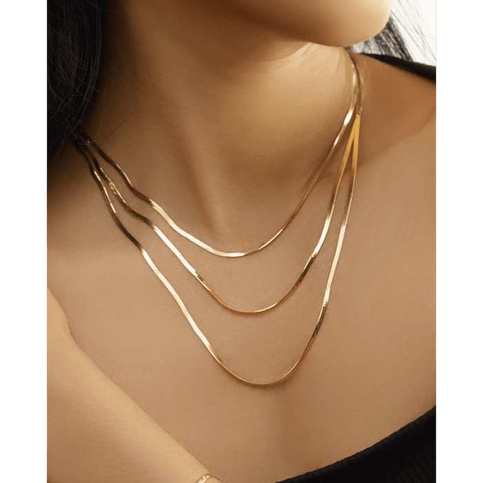 14K Yellow Gold 1.8mm Triple - Strand Layered Herringbone Necklace (Hollow) 16" - WJD Exclusives