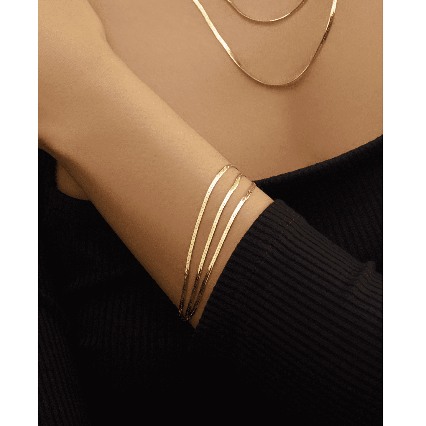 14K Yellow Gold Triple Strand Layered Herringbone Bracelet 7"
