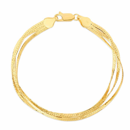 14K Yellow Gold Triple Strand Layered Herringbone Bracelet 7"