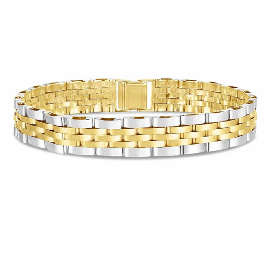 14K Gold Two-Tone 12mm Yellow White Railroad Panther Bracelet 8.5"