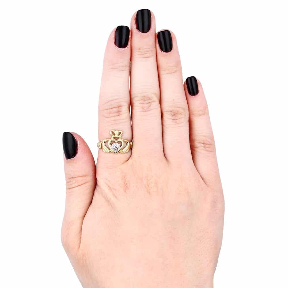 10k Yellow & White Gold Irish Claddagh Heart & Crown Textured Ring
