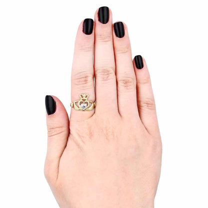 10k Yellow & White Gold Irish Claddagh Heart & Crown Textured Ring