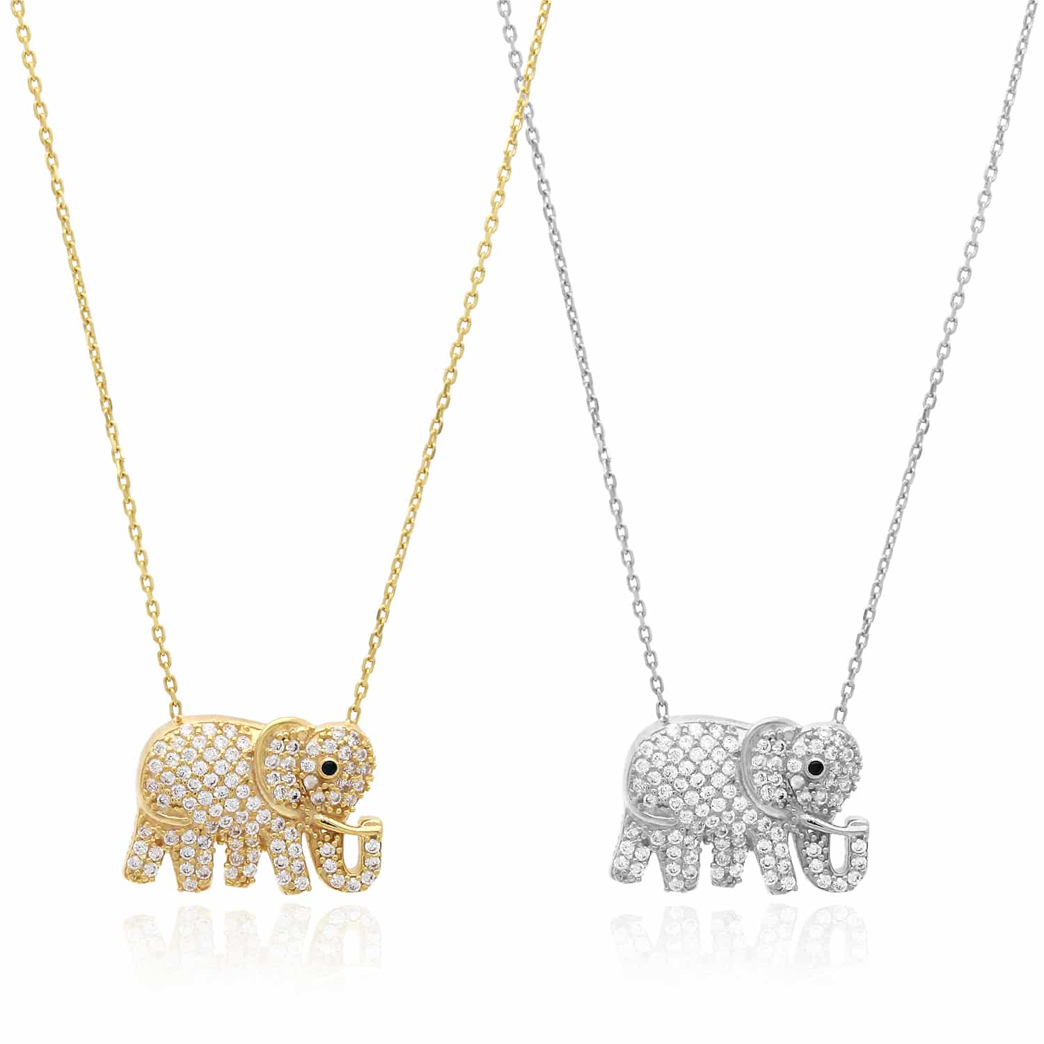 18K Gold Over Silver CZ Elephant Necklace (Hollow) Adjustable 16