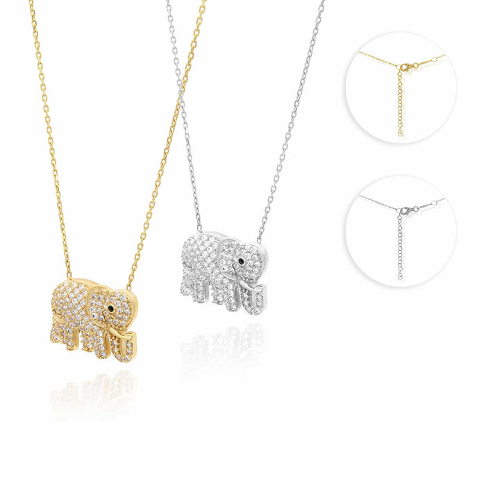 18K Gold Over Silver CZ Elephant Necklace (Hollow) Adjustable 16" - 17.5" - WJD Exclusives