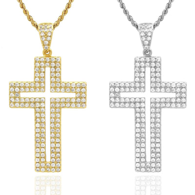 18K Gold Yellow White Over Silver CZ Pave Open Cross Pendant 1.5" - WJD Exclusives