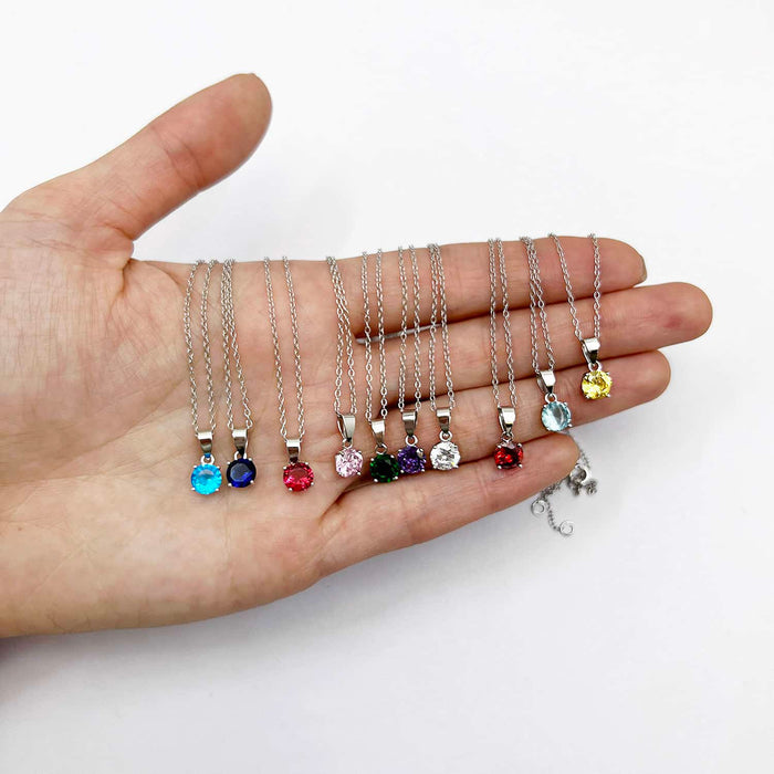 Sterling Silver Round - Cut Solitaire Birthstone Pendant Chain 16 - 18" Adj - WJD Exclusives