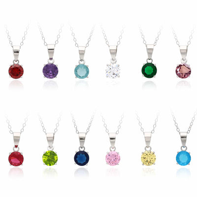 Sterling Silver Round - Cut Solitaire Birthstone Pendant Chain 16 - 18" Adj - WJD Exclusives