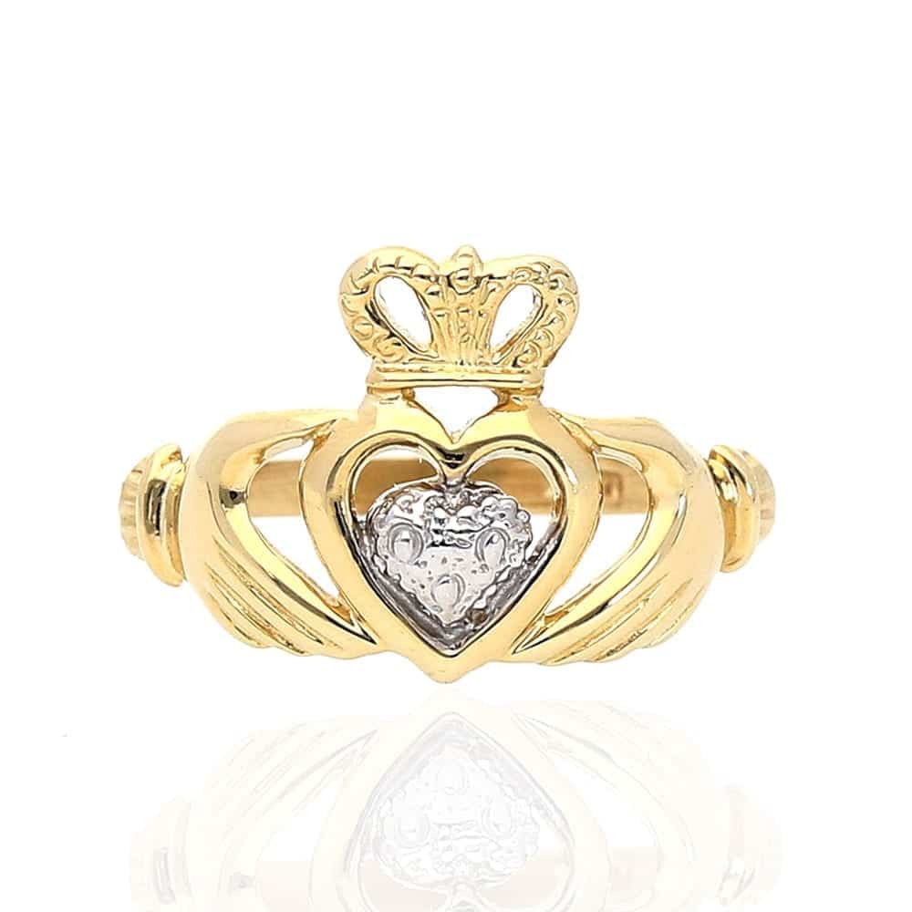 10k Yellow & White Gold Irish Claddagh Heart & Crown Textured Ring