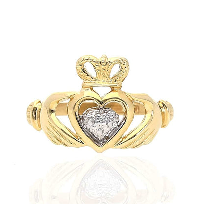 10k Yellow & White Gold Irish Claddagh Heart & Crown Textured Ring