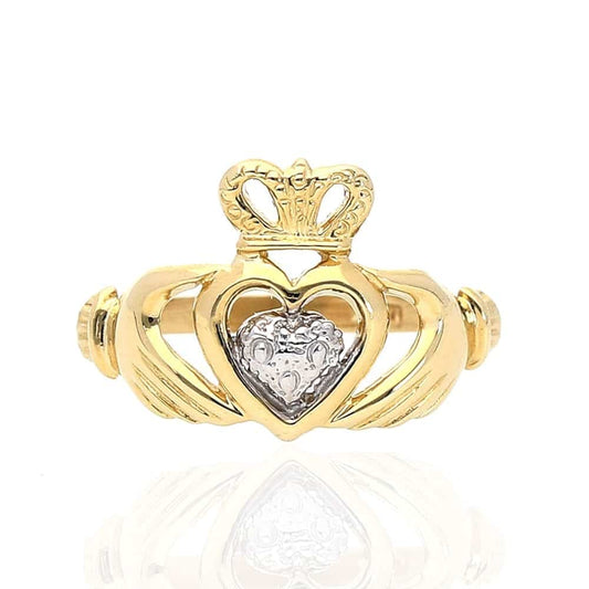 10k Yellow & White Gold Irish Claddagh Heart & Crown Textured Ring