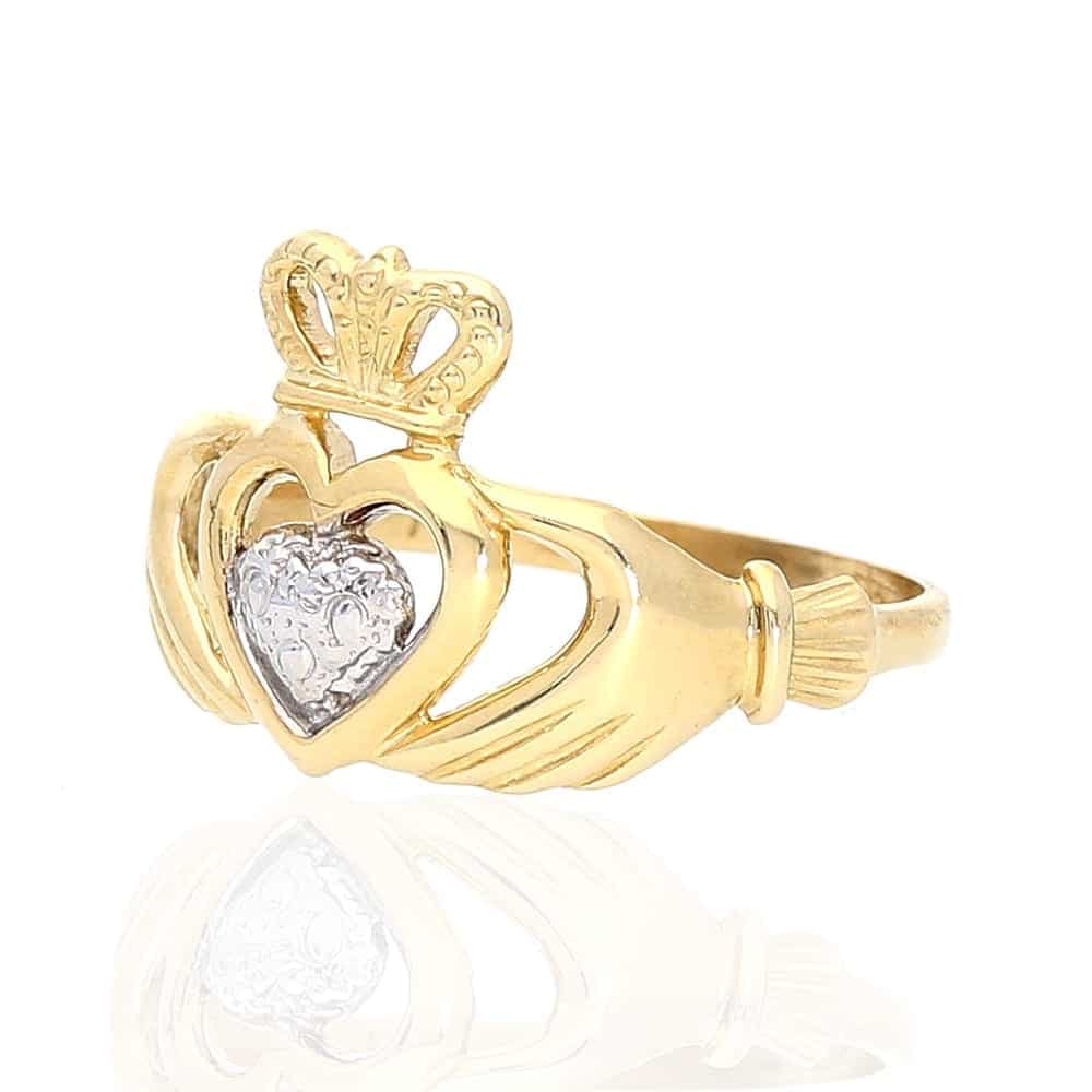 10k Yellow & White Gold Irish Claddagh Heart & Crown Textured Ring