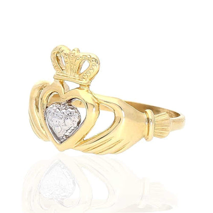 10k Yellow & White Gold Irish Claddagh Heart & Crown Textured Ring