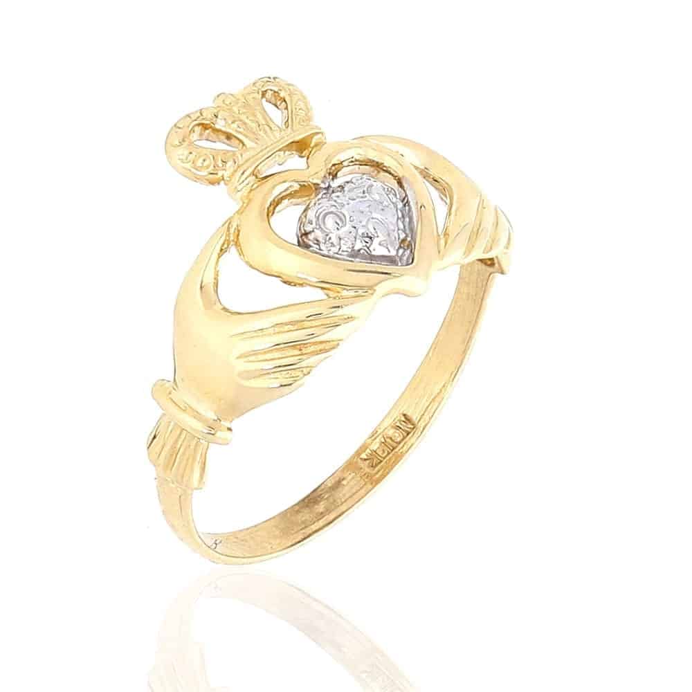 10k Yellow & White Gold Irish Claddagh Heart & Crown Textured Ring