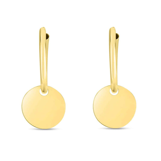 14K Real Gold Drop Circle Disc Endless Hoop Earrings