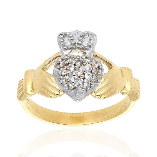 10k Yellow & White Gold Created Diamond Irish Claddagh Heart & Crown Ring