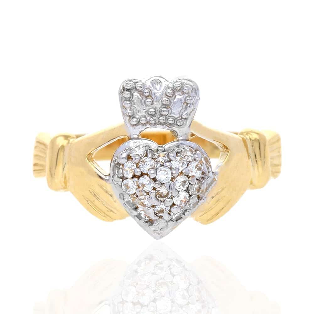 10k Yellow & White Gold Created Diamond Irish Claddagh Heart & Crown Ring